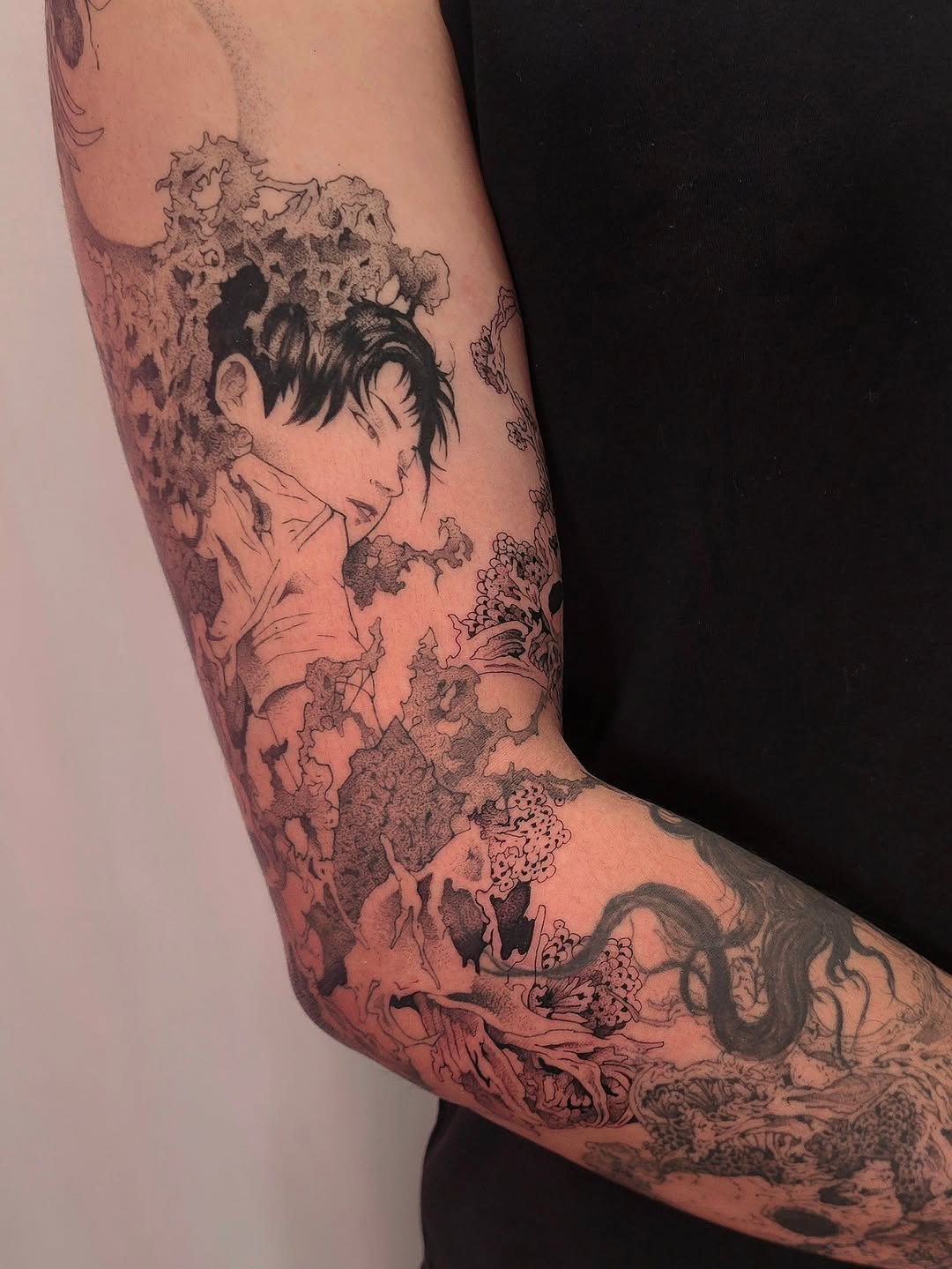 Yamamoto-inspired ethereal portrait surrounded by ornate florals