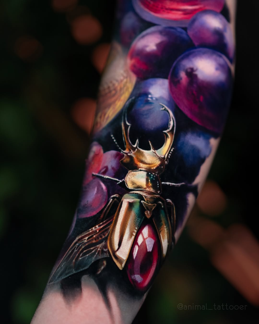 Hyperreal colorful stag beetle on forearm, luminous spheres