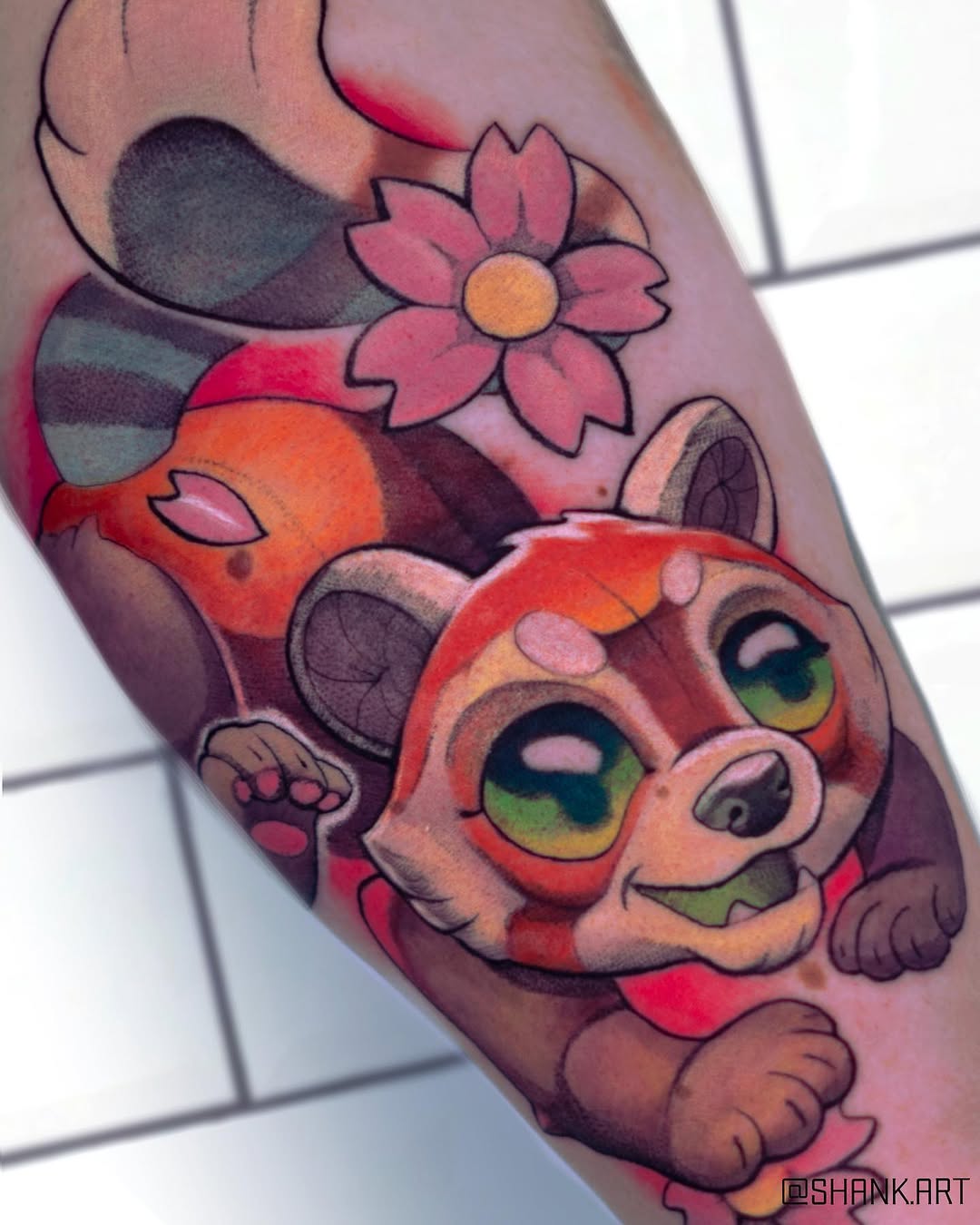 Playful neon-red panda with oversized green eyes and floral accent.