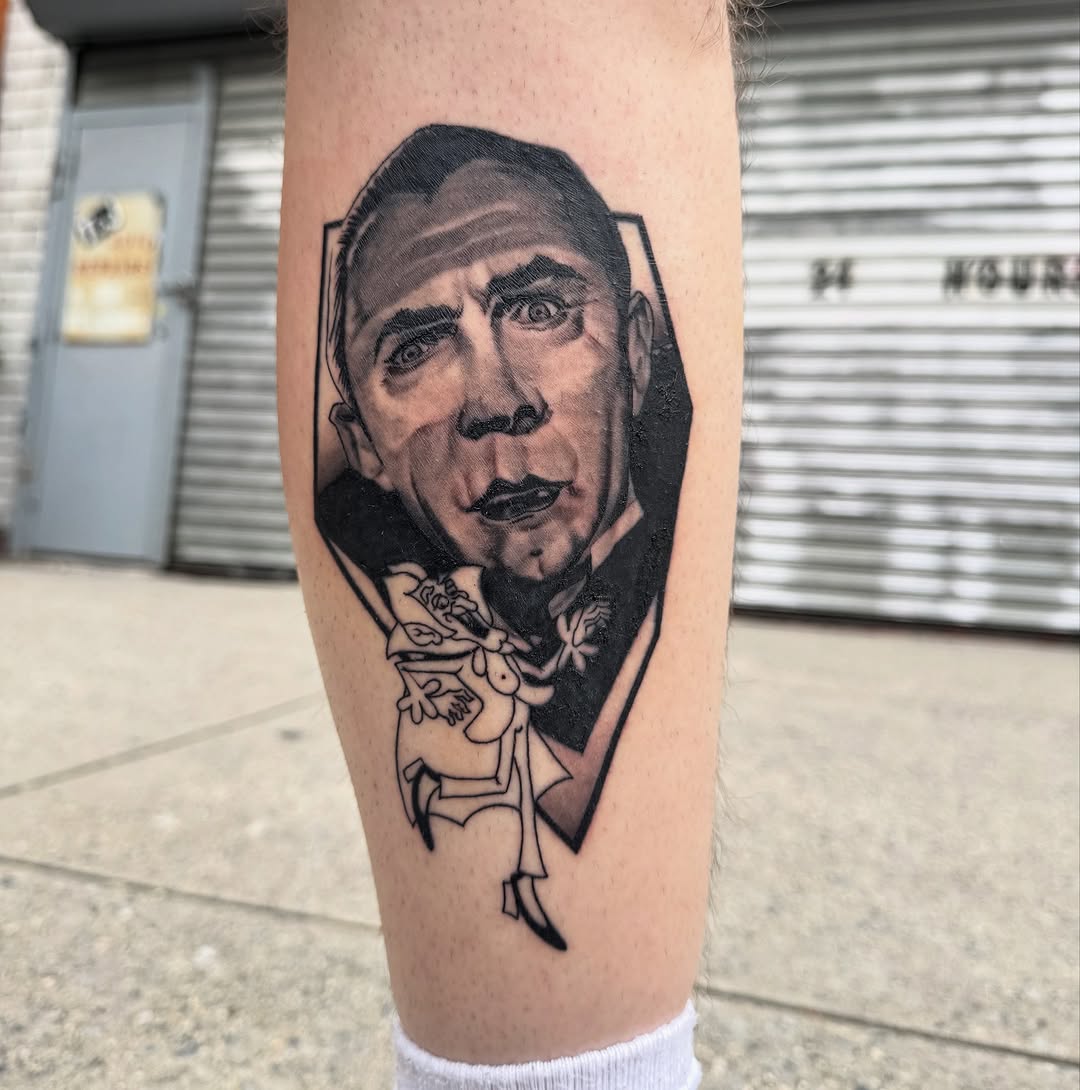 Photorealistic black-and-gray portrait inside angular frame.