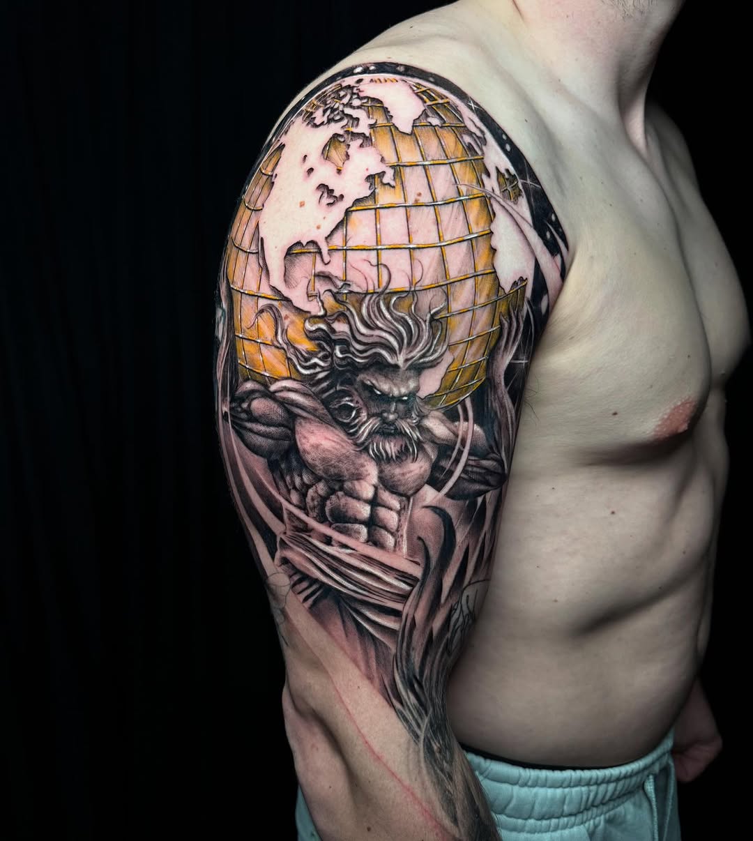 Mythic Atlas bearing a glowing, color-soaked globe