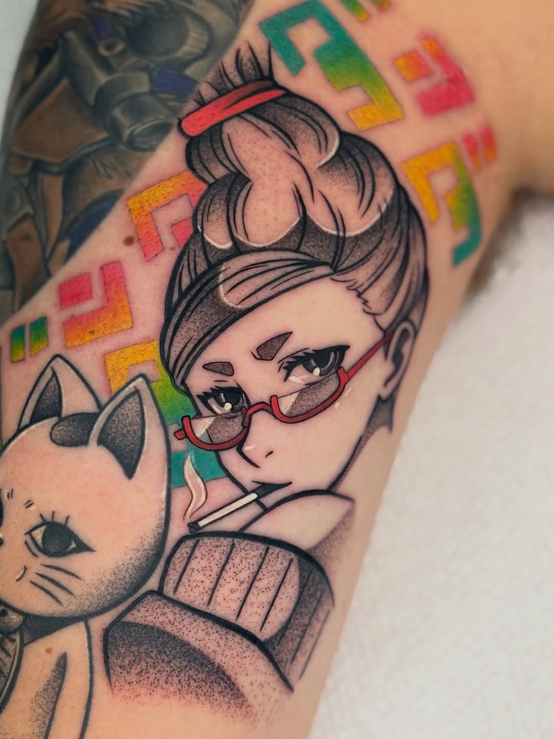 Cartoon anime girl with red glasses, bold lines, colorful background.