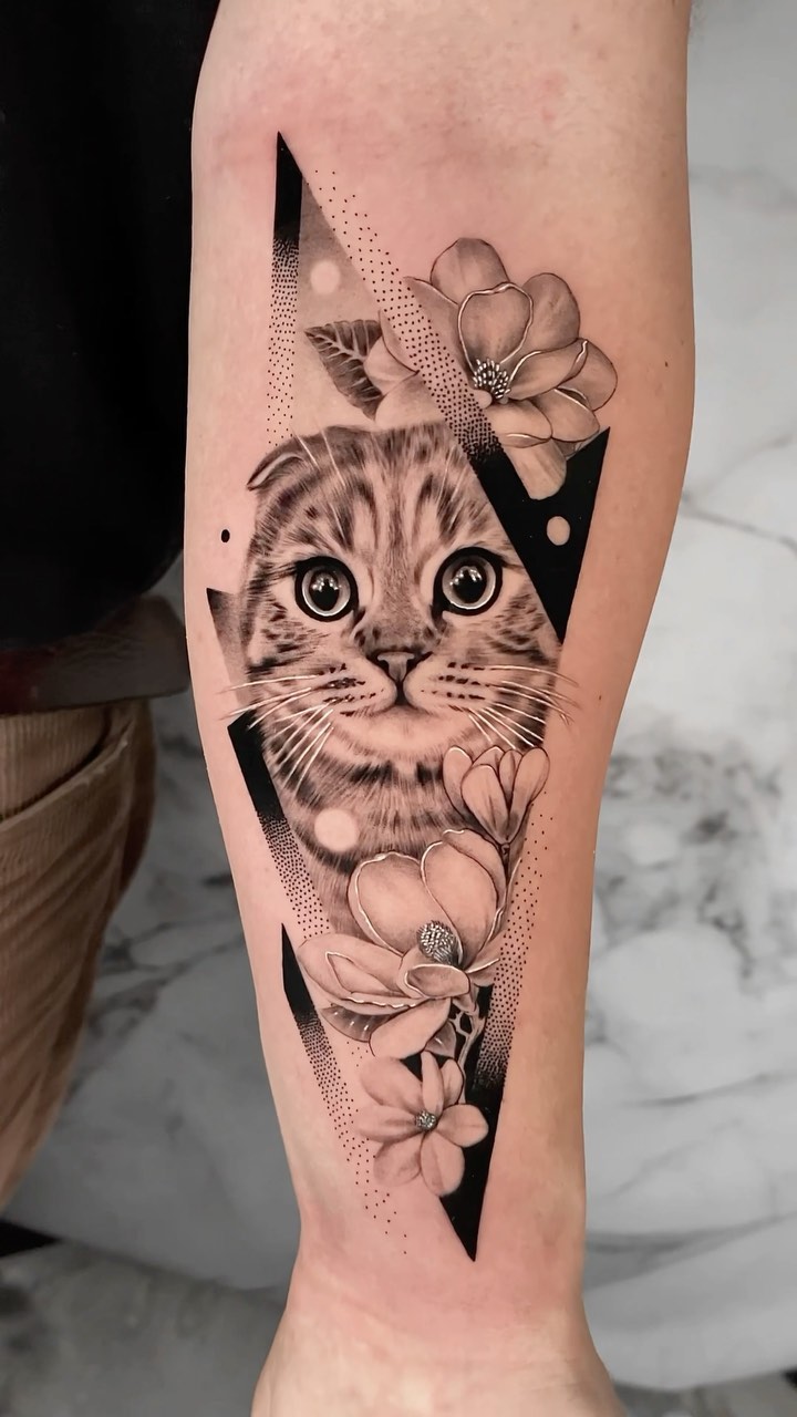 Hyperrealistic cat face framed by geometric triangles and blooms