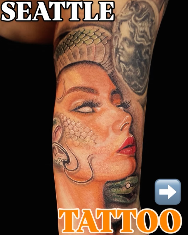 Vivid neo-traditional portrait with snake-scale cheek texture