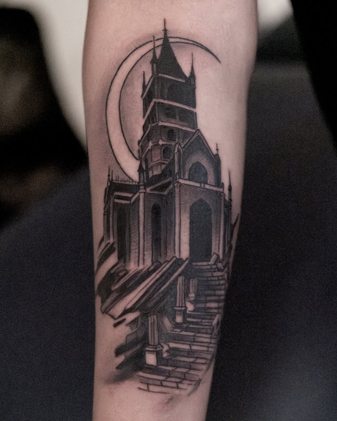 Monochrome cathedral with moon halo, bold geometric arches