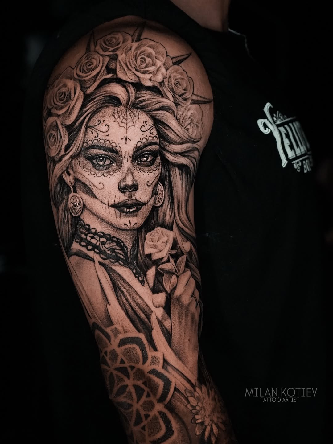 Dramatic sugar-skull portrait with ornate roses