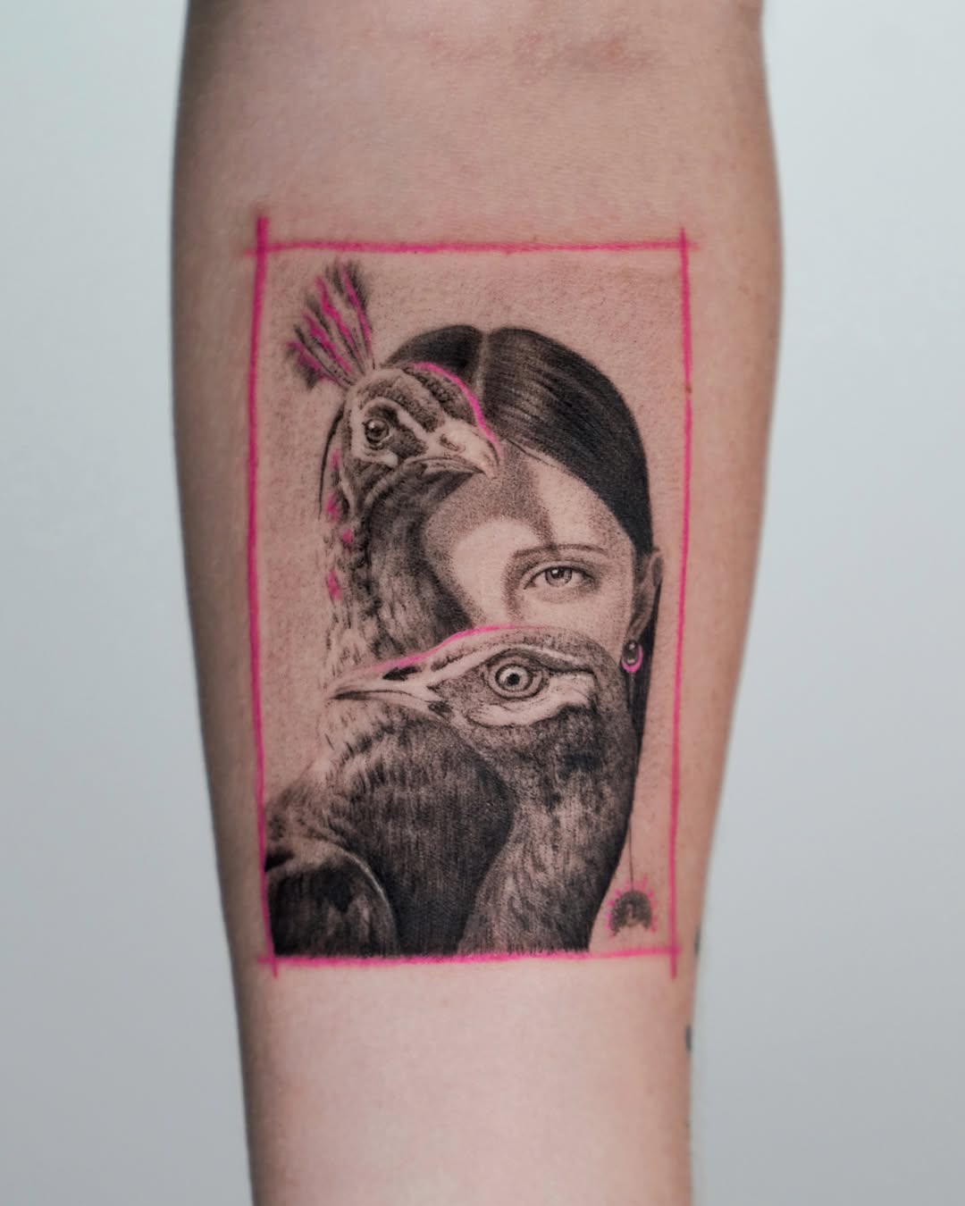 Monochrome portrait of a woman with birds, neon frame.