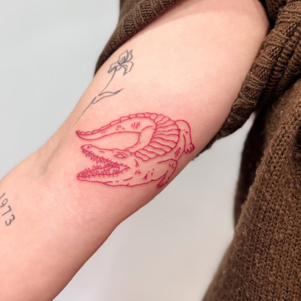 Bold red-line crocodile head with minimalist floral accent