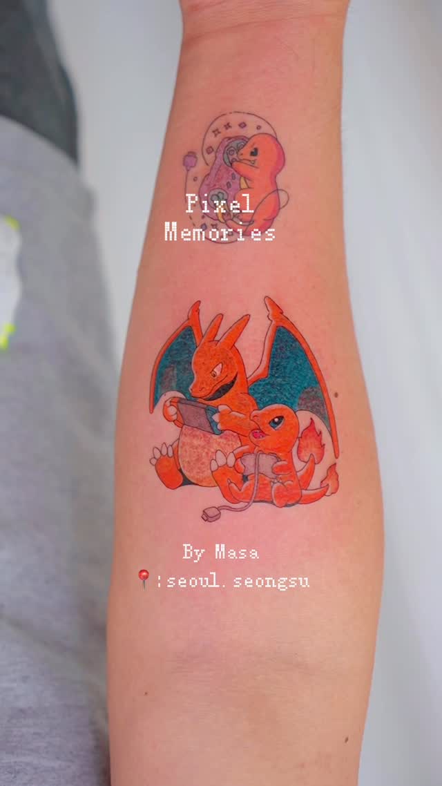 Vibrant cartoon Pokémon duo with handheld console