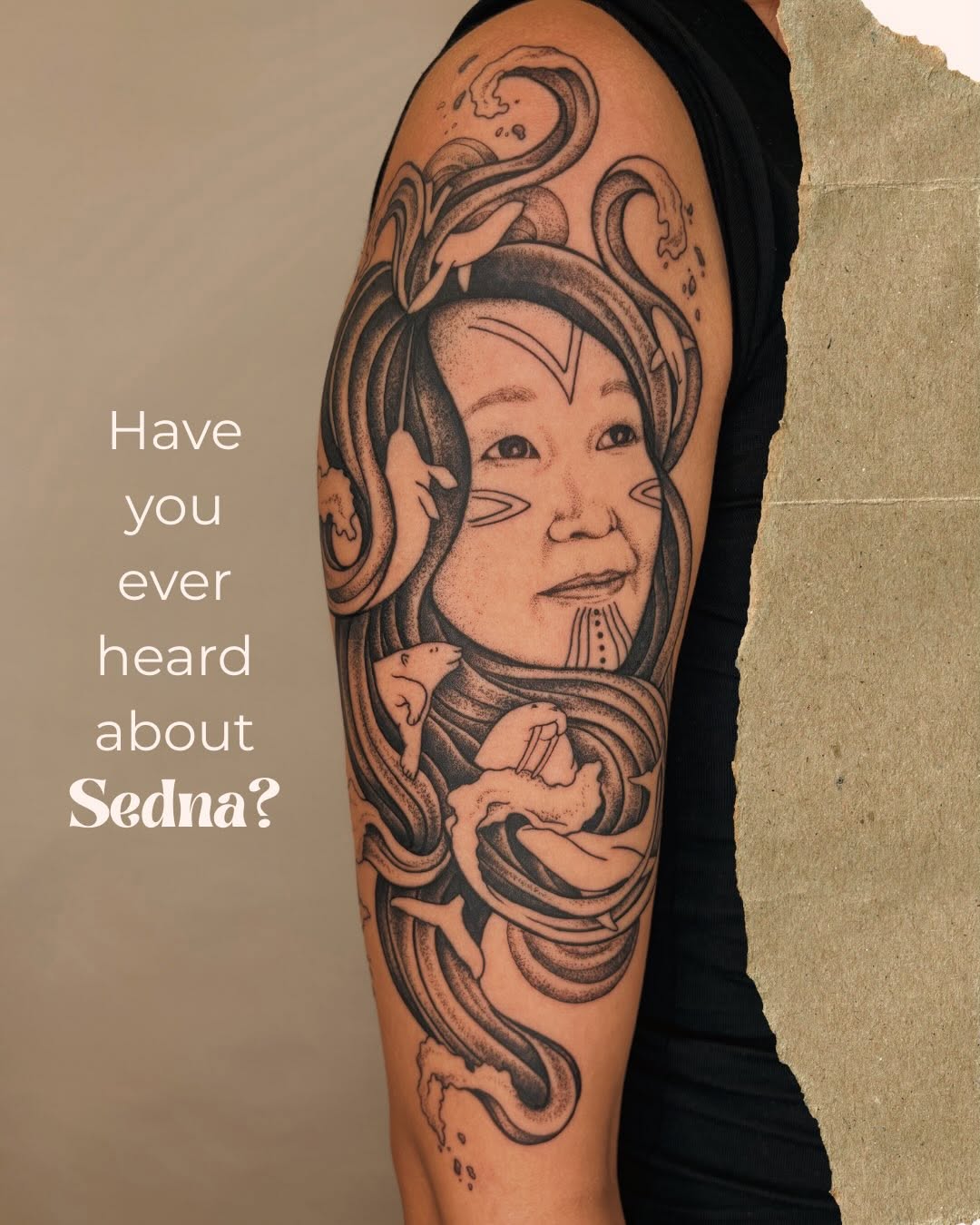Sedna-inspired Inuit myth portrait with flowing ocean swirls.