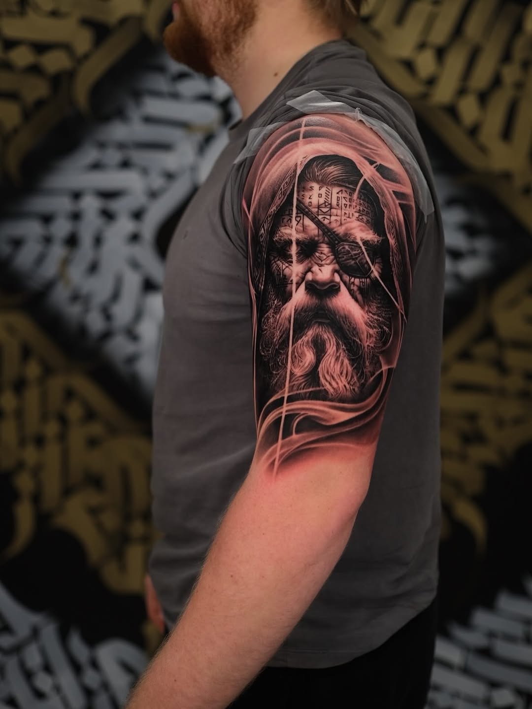 Odin-styled Norse god portrait in bold black-gray realism