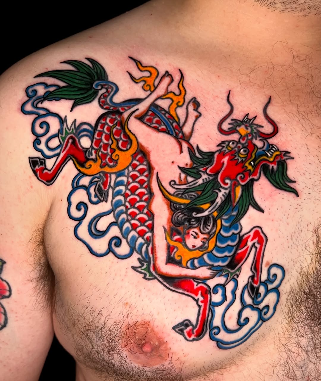 Bold, color-saturated qilin with a fearless female rider