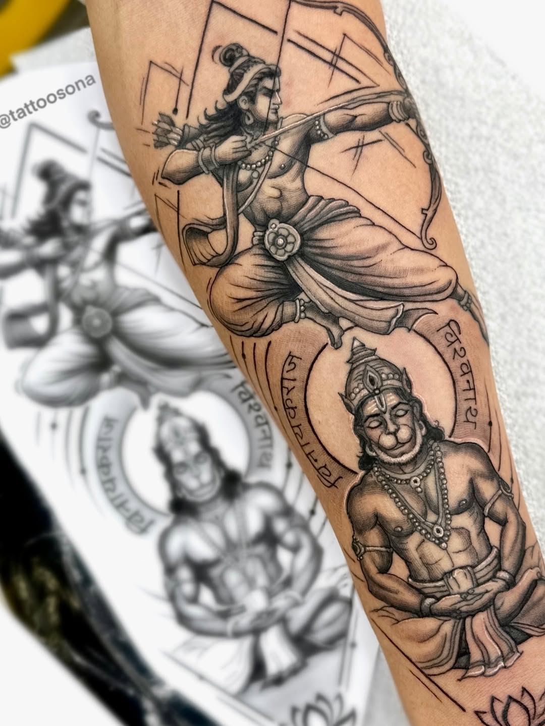 Dramatic Rama with bow and meditative Hanuman.