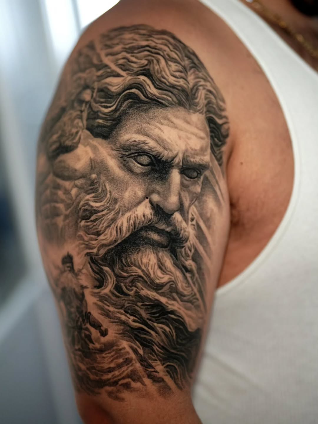 Hyper-detailed black-and-gray Poseidon portrait with flowing beard
