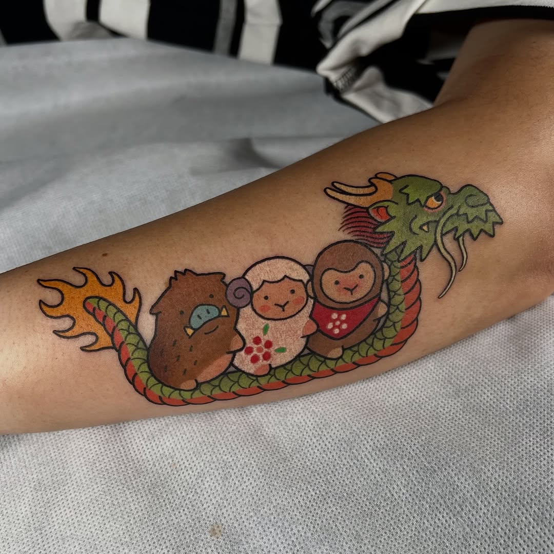 Whimsical dragon winds around four cute animal friends