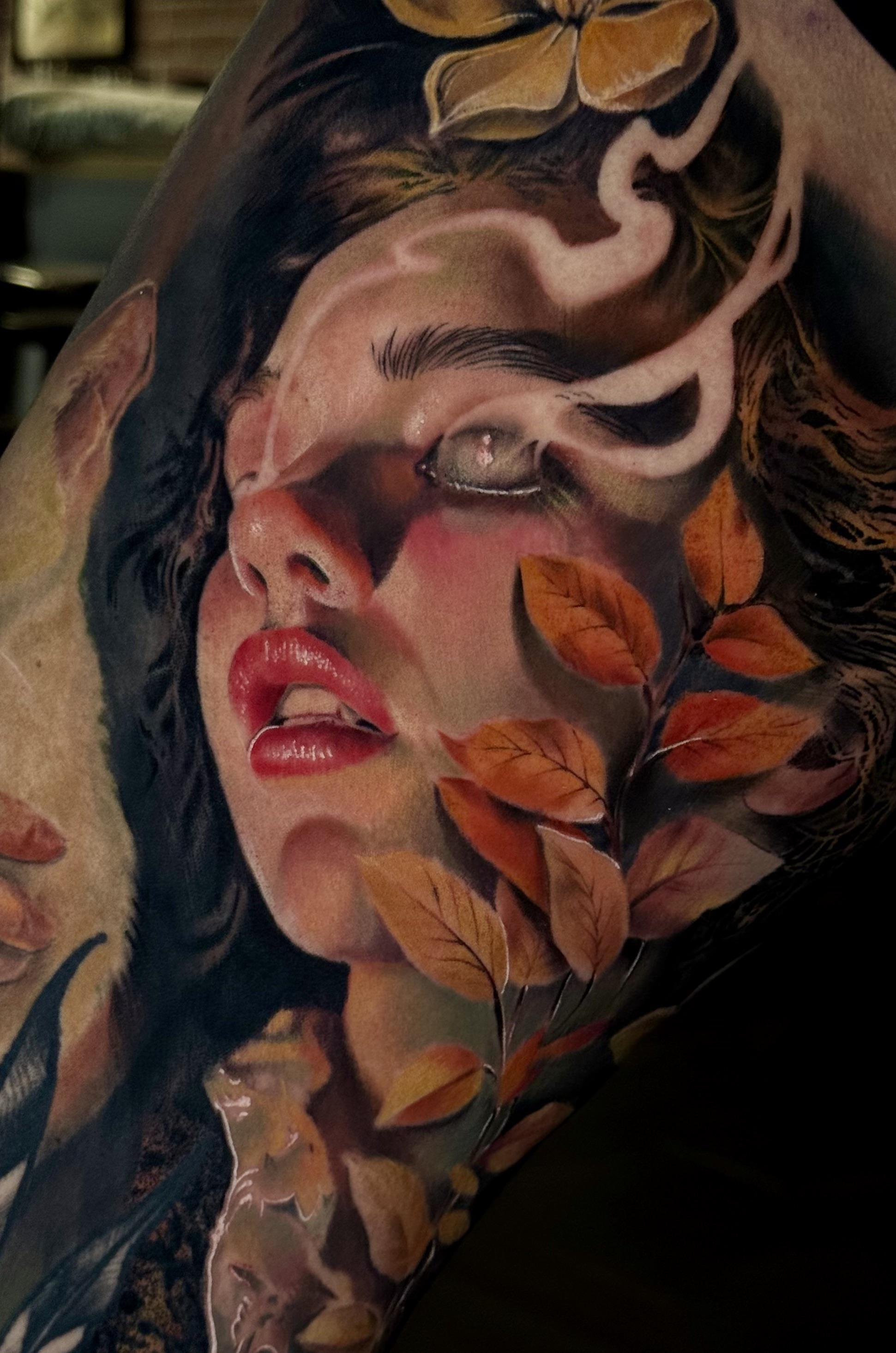 Hyper-realistic portrait with warm autumn leaves woven