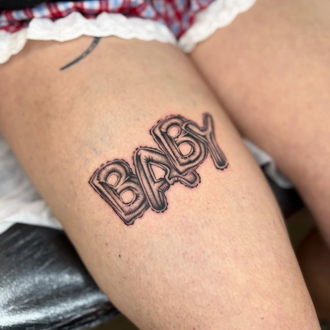 Bold bubble-letter 'Baby' with vintage shading and outlines