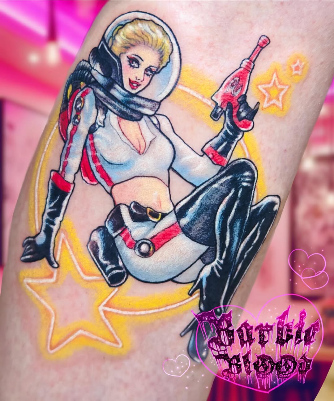 Vibrant neo-traditional pinup astronaut with bold outlines
