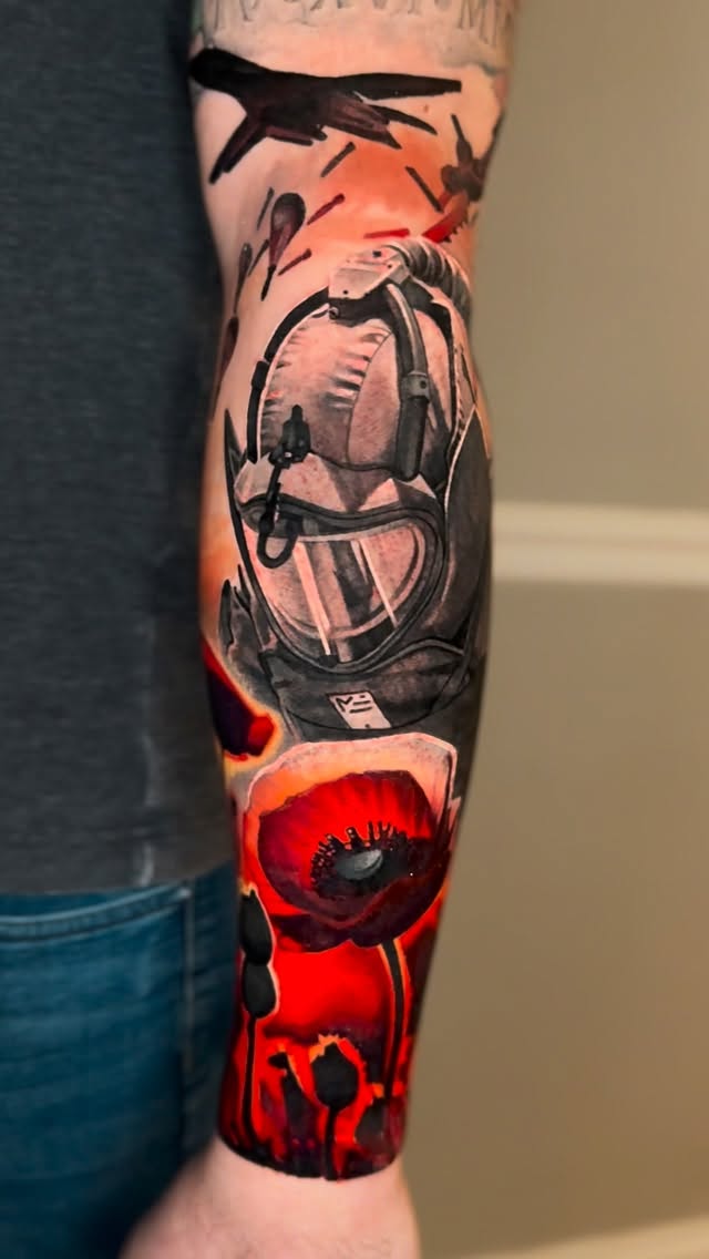 Hyper-detailed black-and-gray EOD gear with crimson poppies