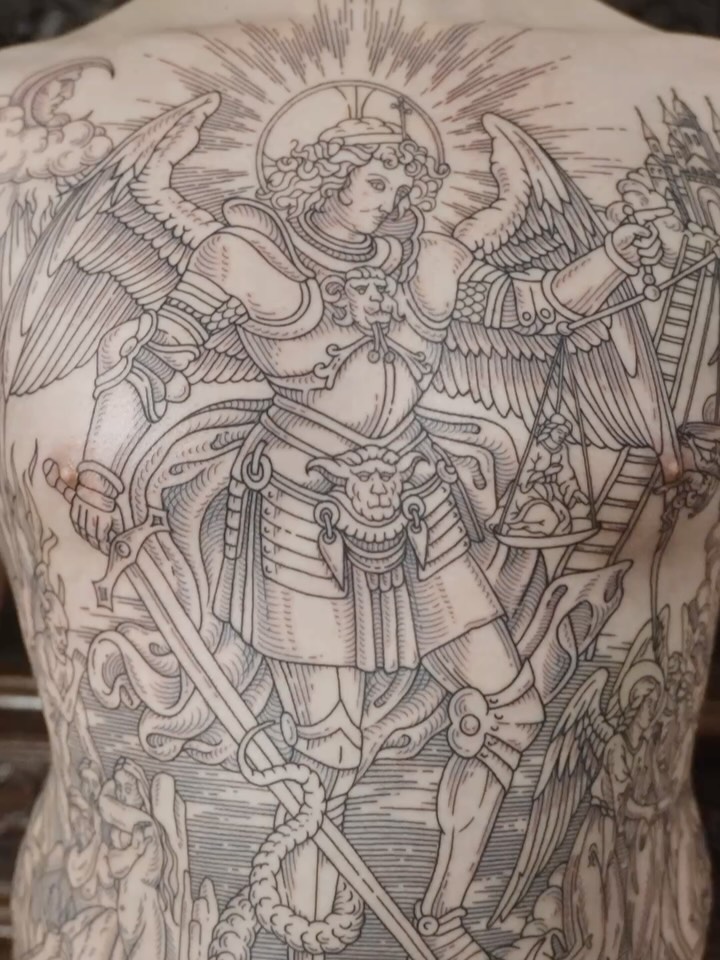 Engraving-style armored angel with wings, sword, and scales