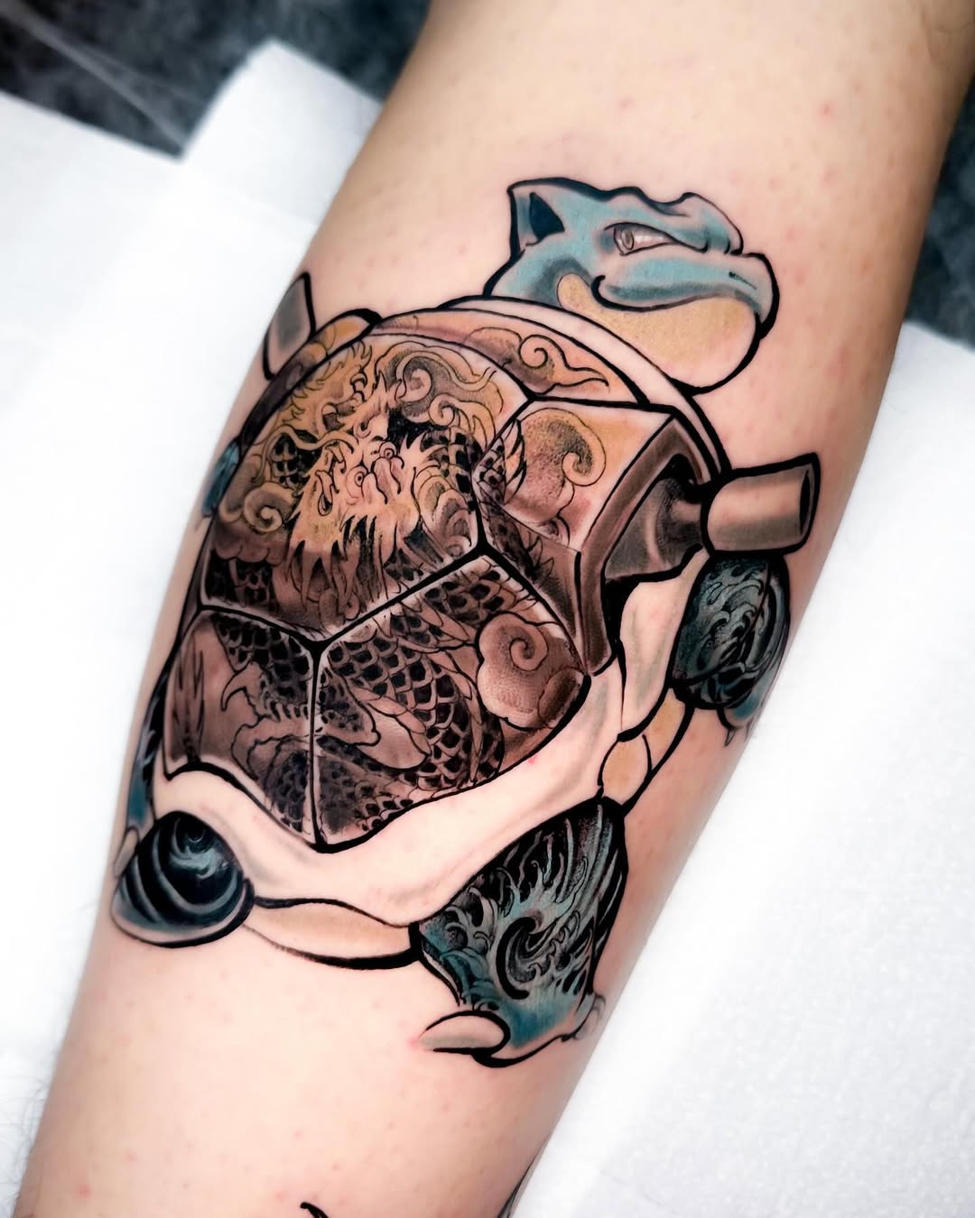Bold Japanese-inspired turtle with intricate shell patterns
