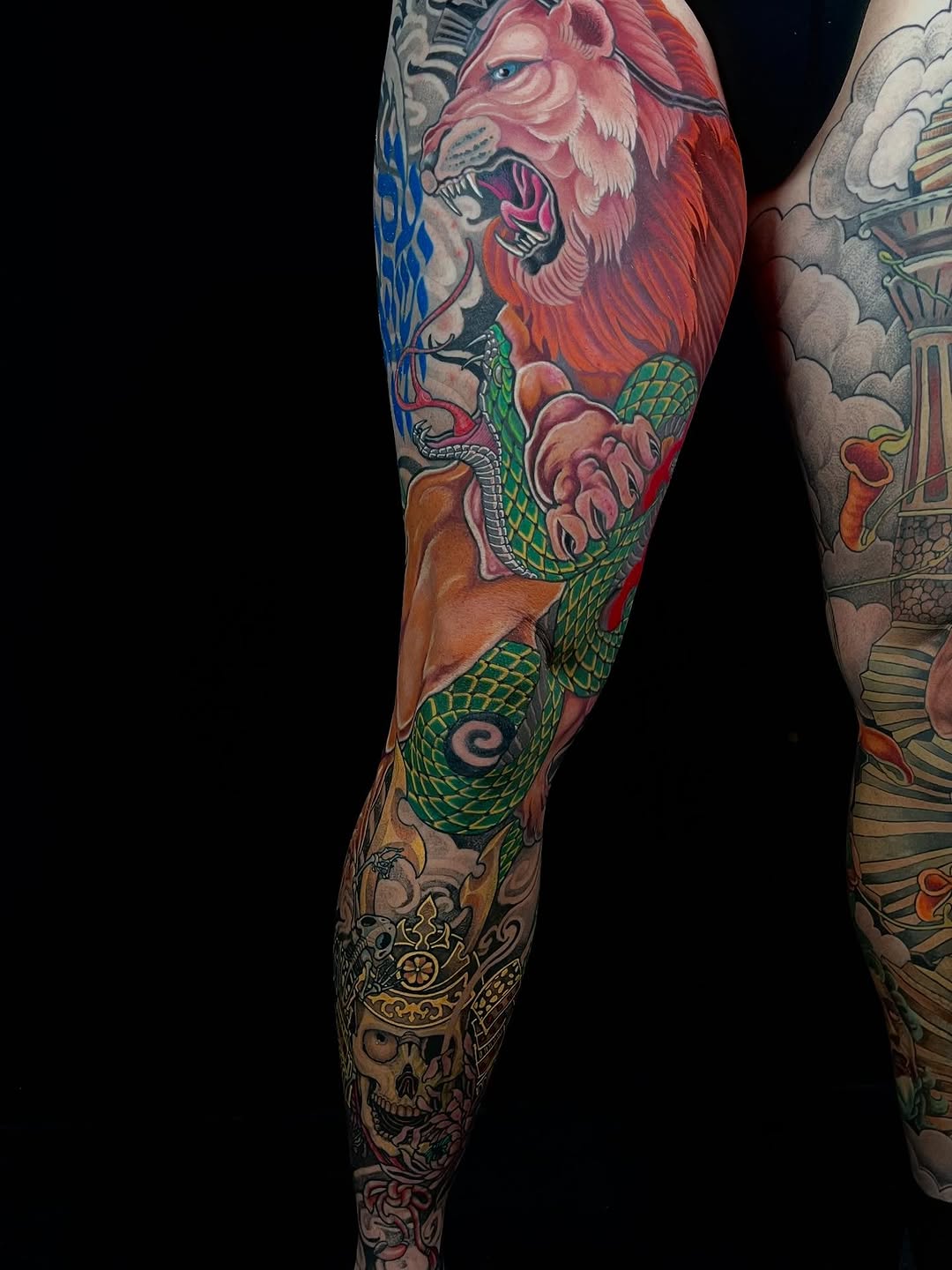 Vivid neo-traditional dragon-tiger with emerald coiling serpent