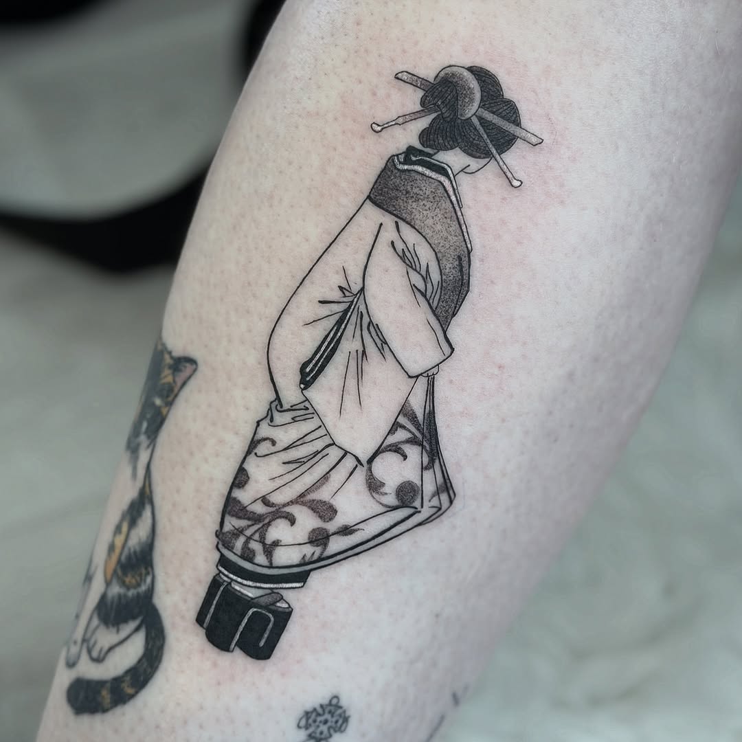 Bold-line bottle figure wearing a shirt with knot-headed silhouette