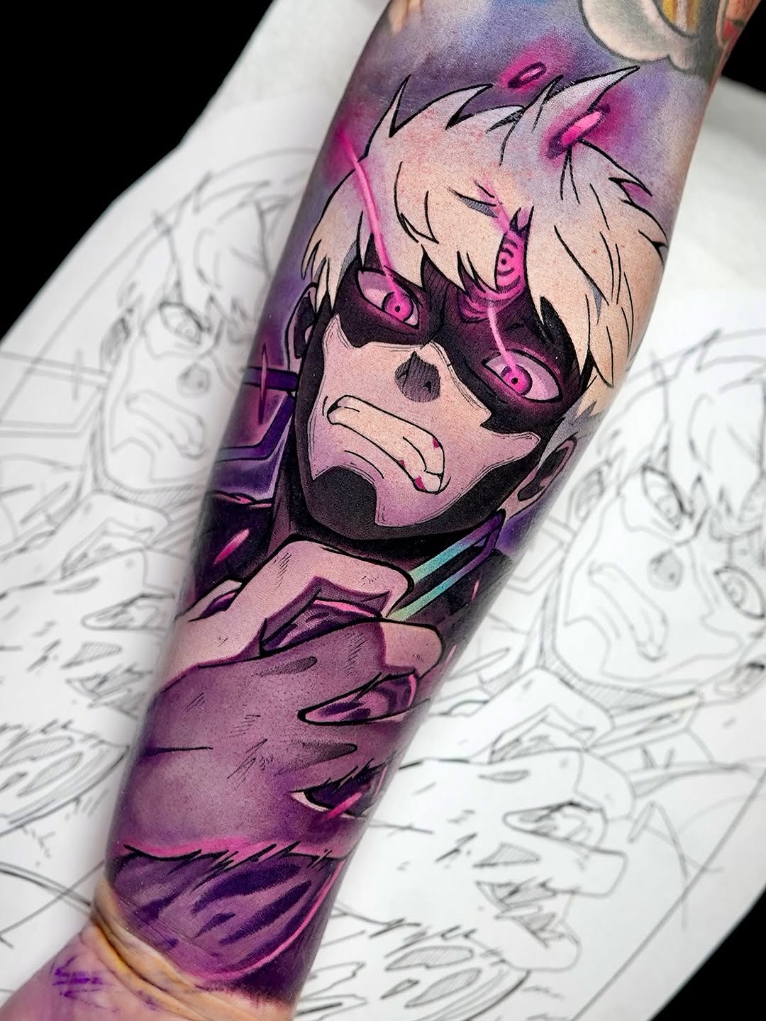 Vibrant anime portrait with neon magenta highlights and bold inking