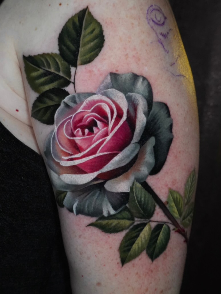 Hyper-realistic stemmed rose with vivid pink shading