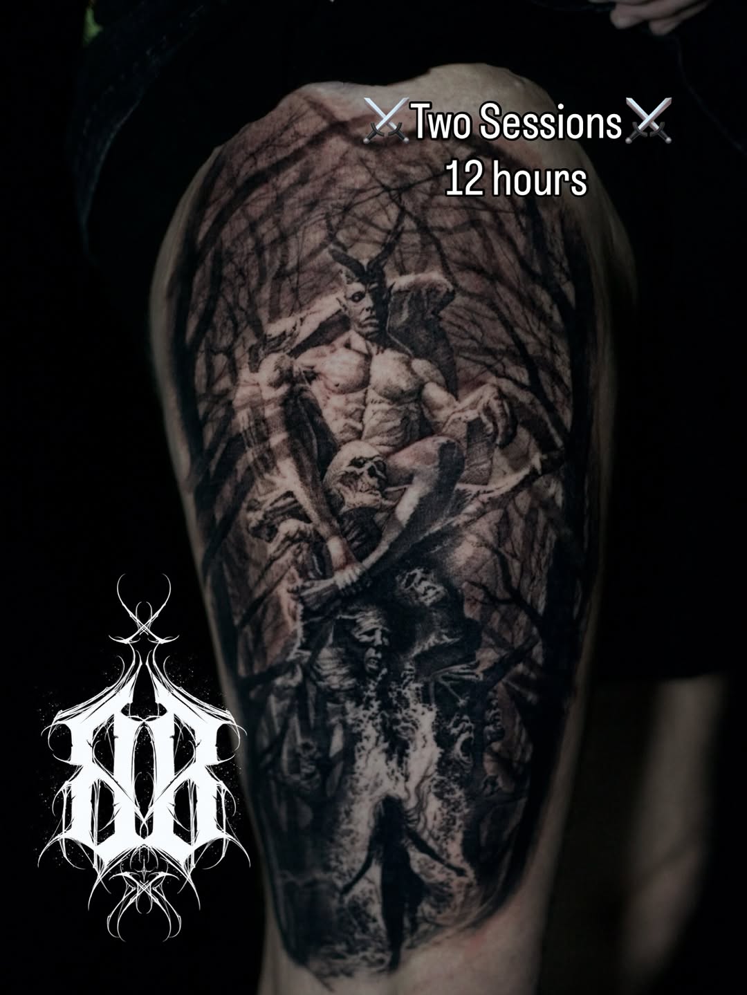 Dark forest backdrop with a horned demon in blackwork