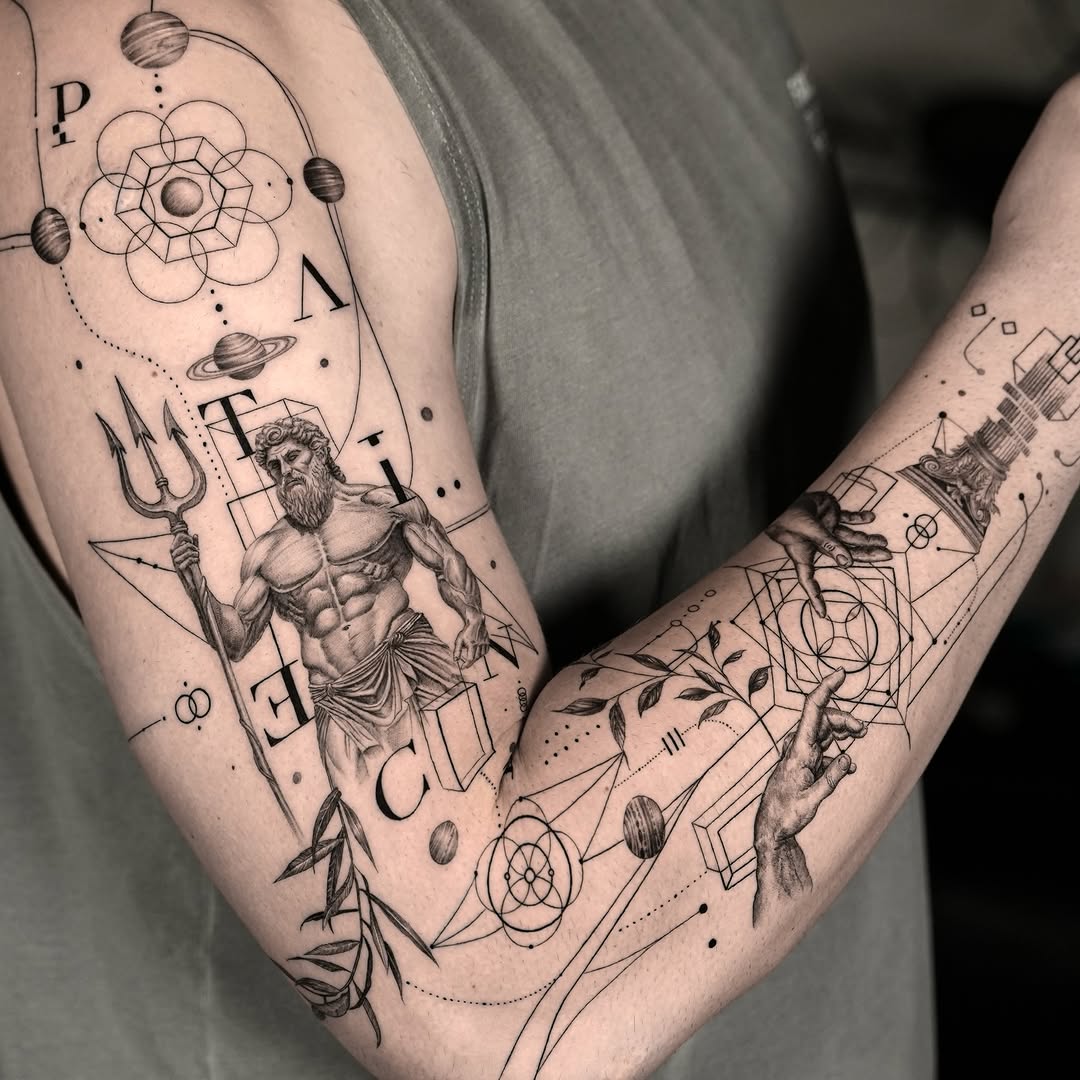 Neo-geometric Greek myth sleeve featuring Poseidon and celestial geometry