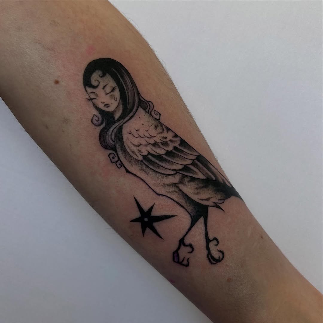 Whimsical blackwork bird-spirit with flowing plumage and star