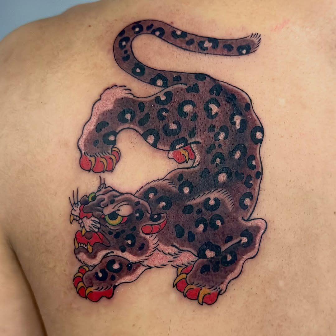 Vivid Japanese-style leopard with bold spots and fierce stance