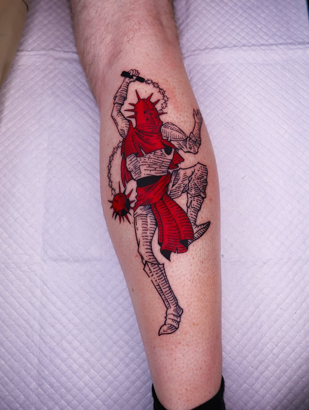 Bold red-robed demon-warrior with spiked halo and jagged armor.