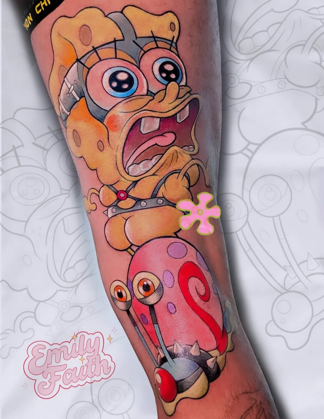 Vivid SpongeBob-inspired cartoon leg sleeve with wild expression.