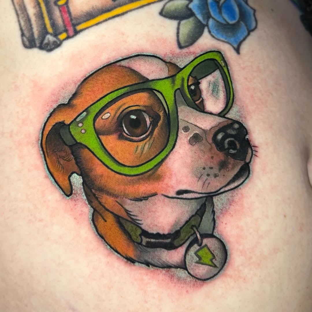 Playful pup portrait in neon-green glasses, bold lines