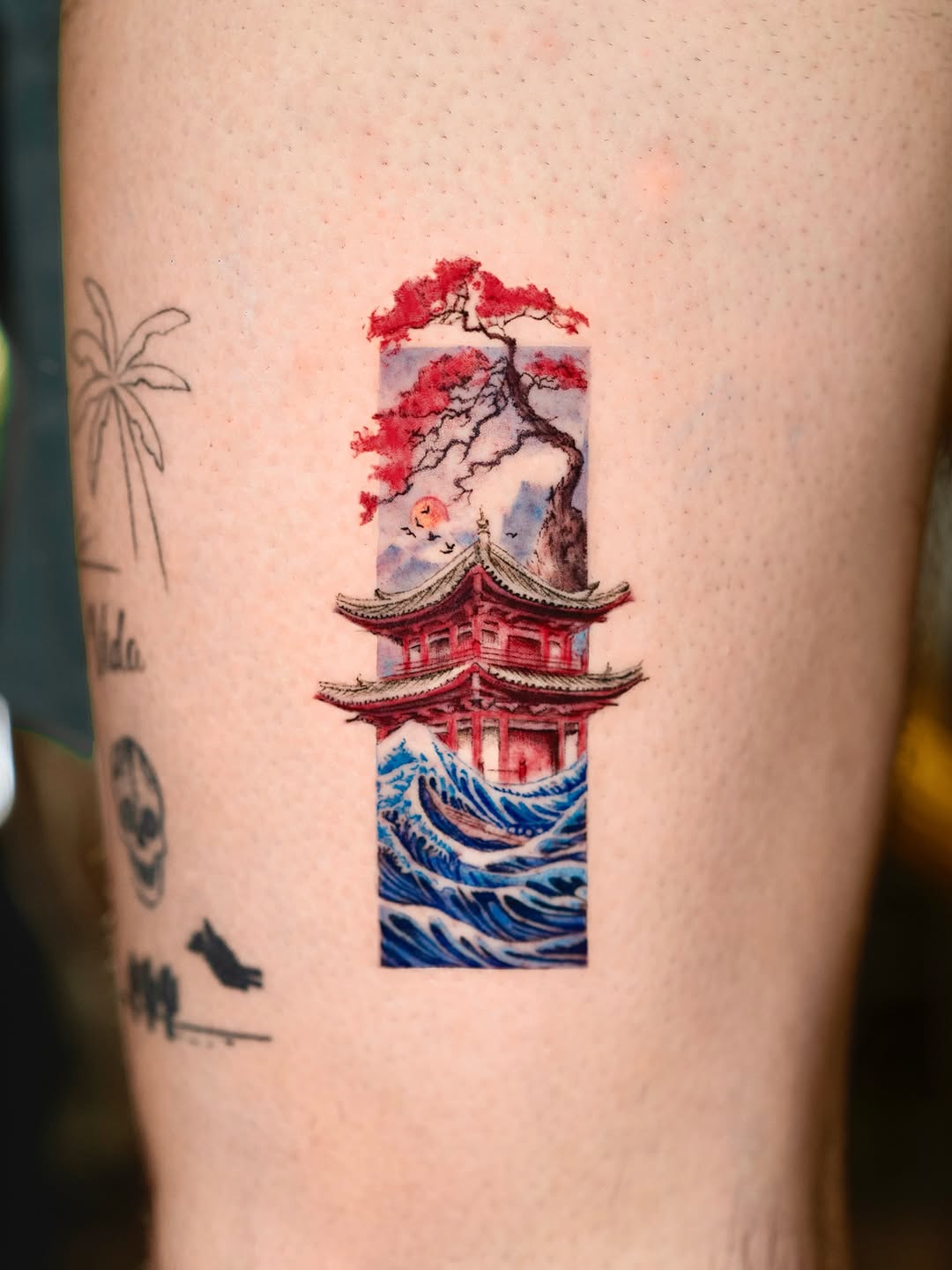 Vibrant vertical panel: Japanese pagoda amid waves.