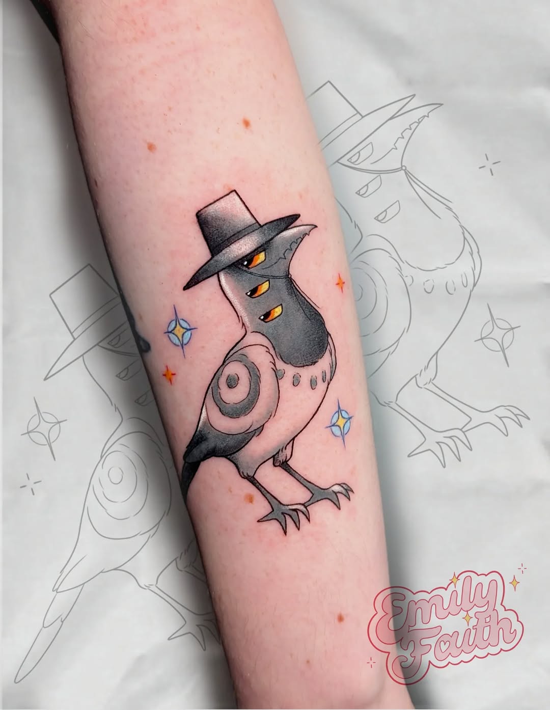 Whimsical top-hat crow with bold shading and colors.