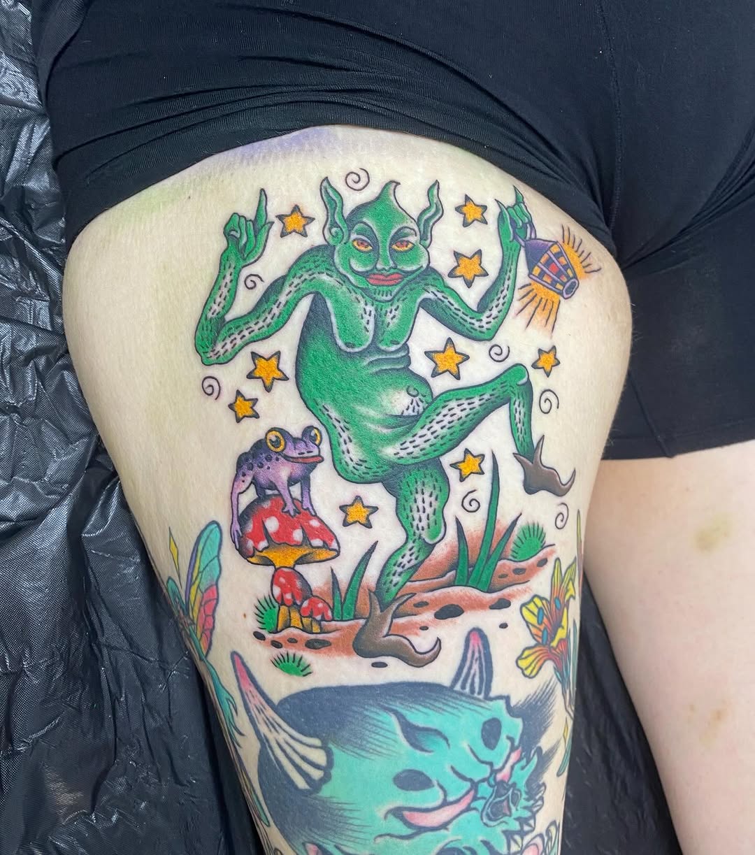 Whimsical goblin-folk scene with mushrooms and stars