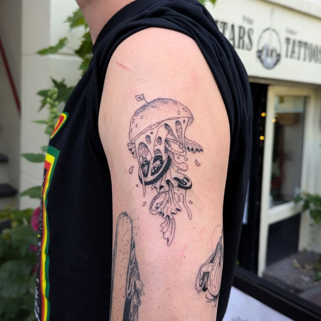 Whimsical jellyfish-burger hybrid with delicate dotwork