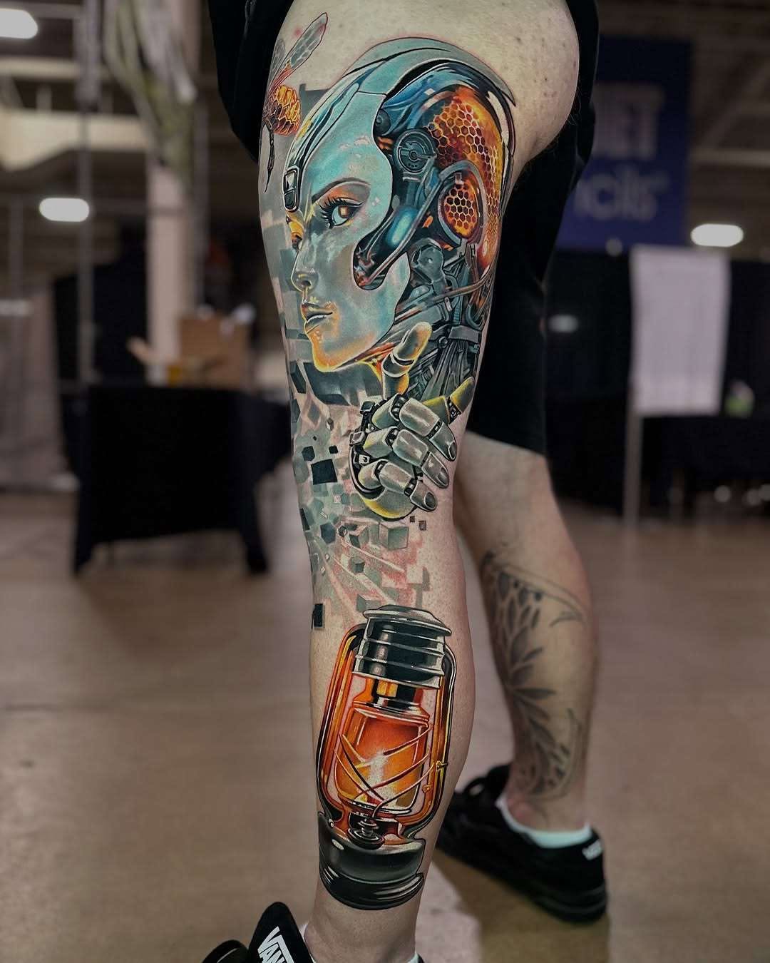 Vivid biomechanical android portrait with luminescent circuitry