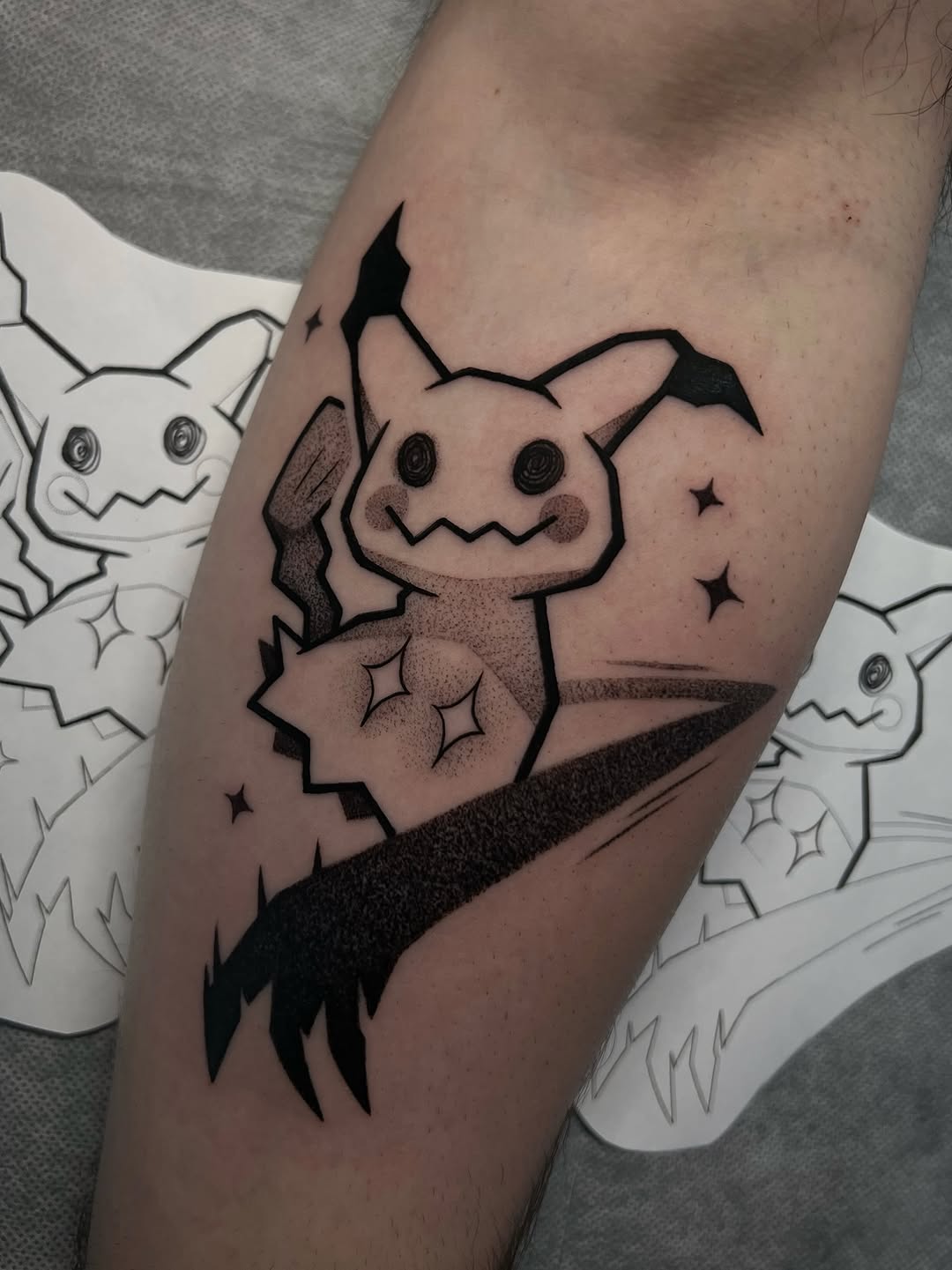 Bold cartoon Mimikyu with stippled shading and stars