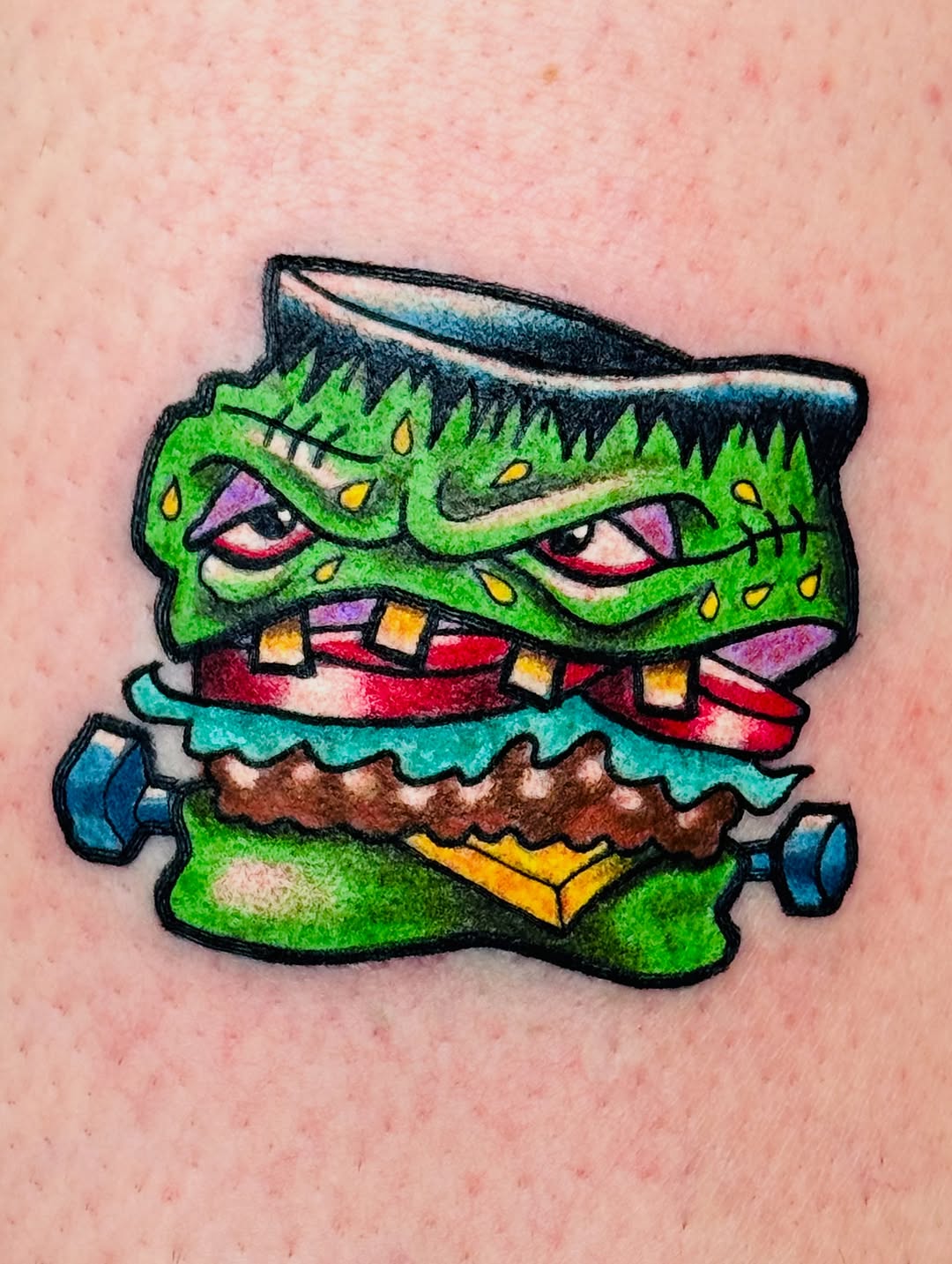 Vivid new-school Frankenburger monster with bold outlines.