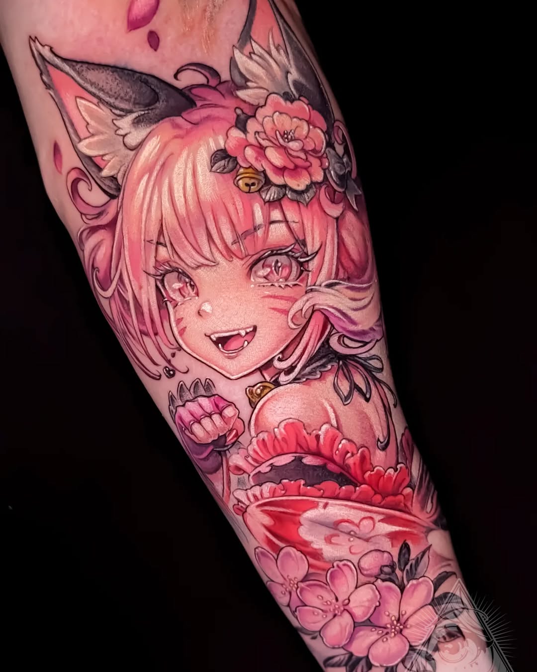 Vivid anime-cat girl portrait with pink hair and blossoms