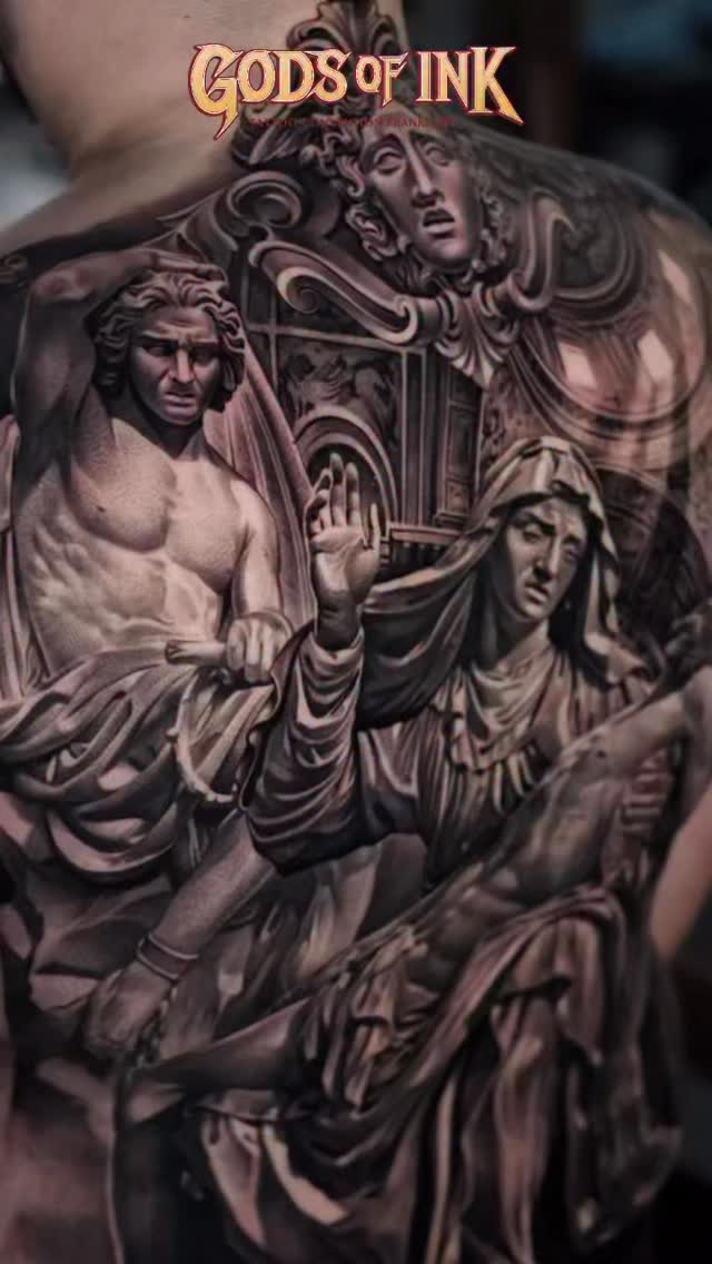 Monumental black-and-gray back piece of saints and angels