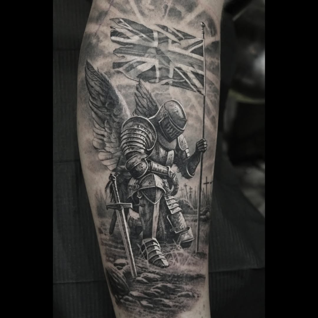 Winged knight in gleaming armor amid war-torn grayscale.