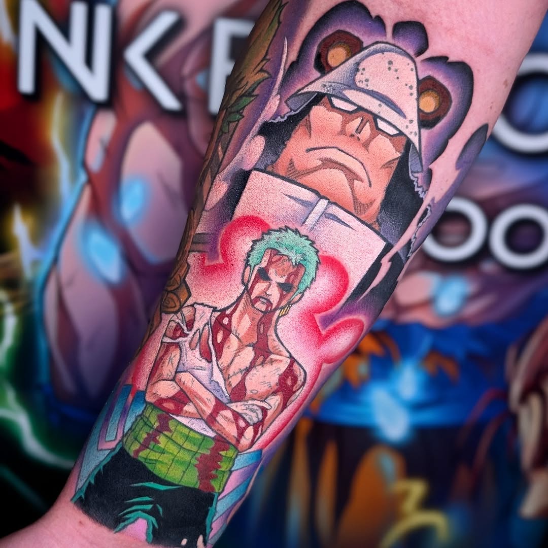 Vibrant anime-inspired duel sleeve of Zoro and Kuma