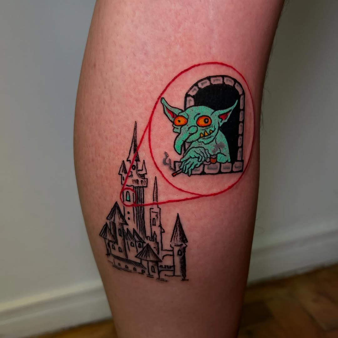 Playful goblin in arched window, bold castle beneath.