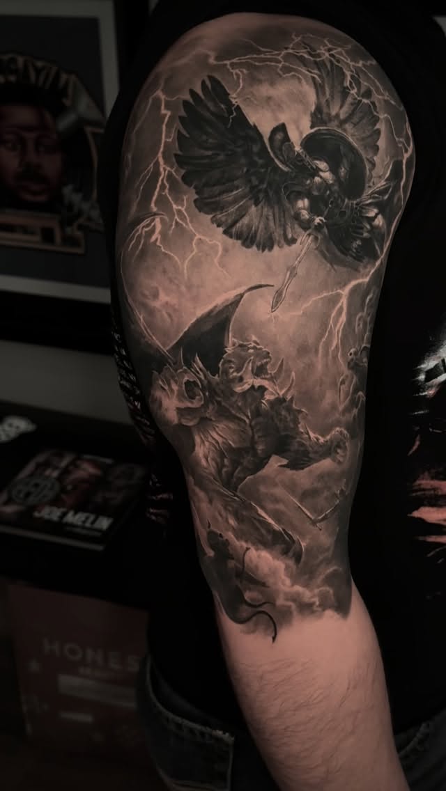 Moody black-and-gray sleeve with winged rider amid lightning.