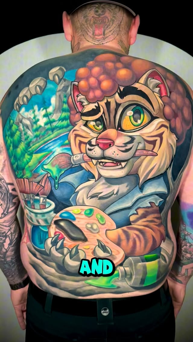 Vibrant back piece: cartoon tiger-cat chef with pizza